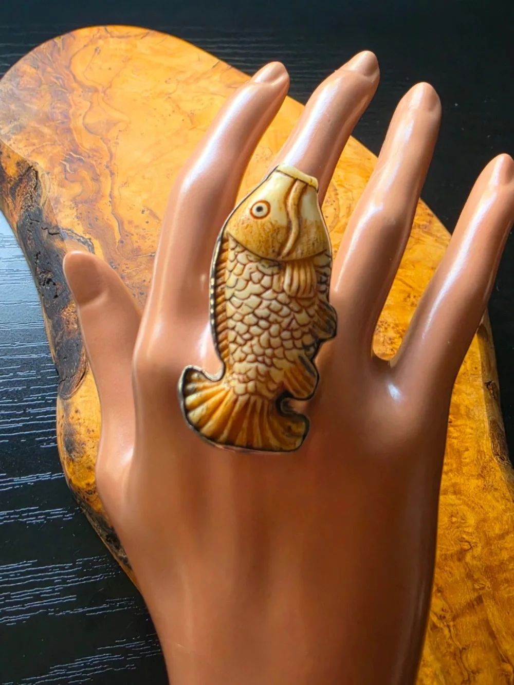 Handmade Sterling & Carved Bone (?) Koi Ring